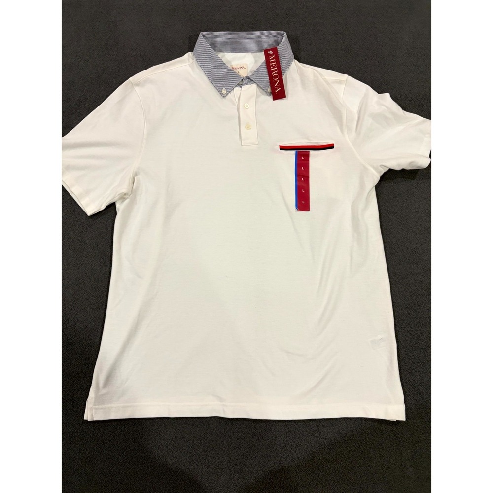 Merona Polo Shirt Mens Large White Cotton Performance Resort Wear Tennis Golf